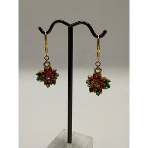 Vintage Gold Tone Enamel Poinsettia Dangle Earrings
